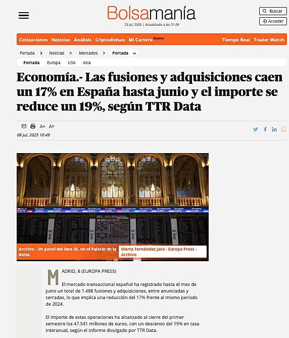 Las fusiones y adquisiciones caen un 17% en Espaa hasta junio y el importe se reduce un 19%, segn TTR Data